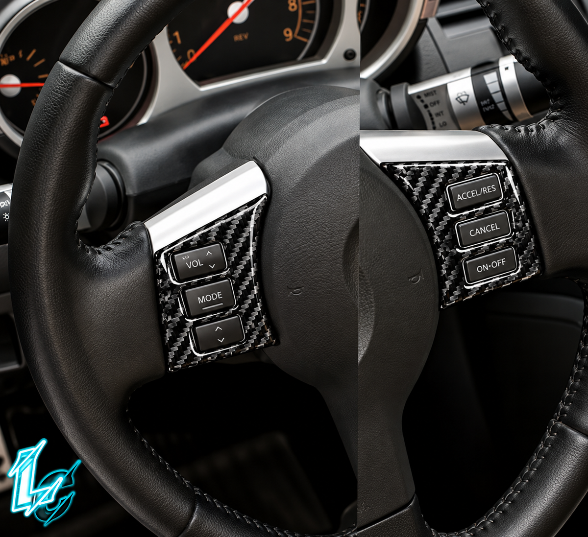 Nissan 350Z Carbon Fiber Steering Wheel Button Trim Overlays (2003–2009)