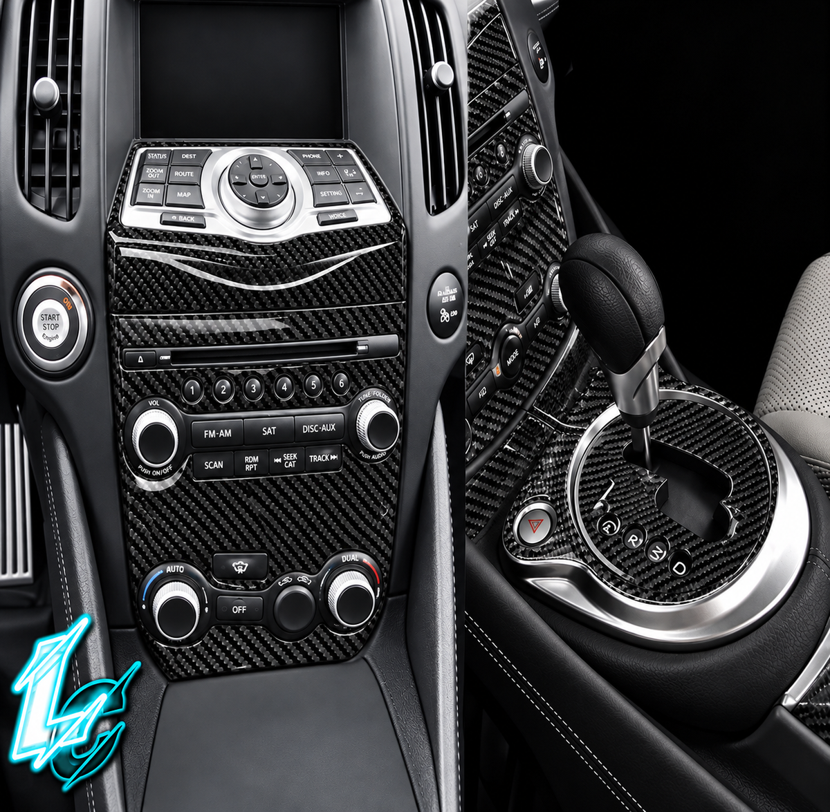 Nissan 370Z Carbon Fiber Console Trim & Gear Overlay Options