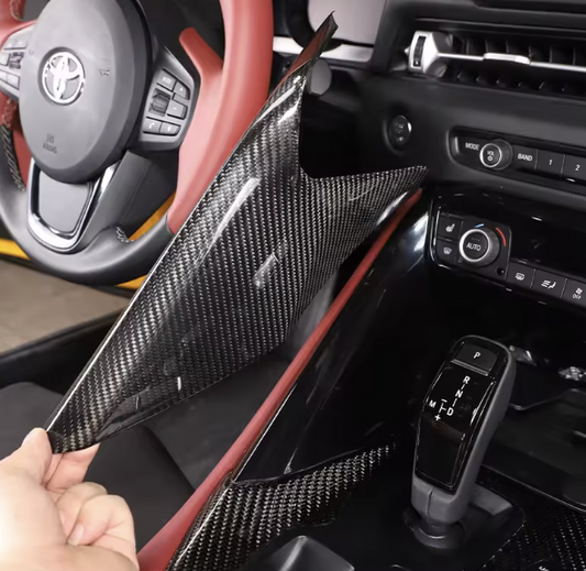 Real Carbon Fiber Center Control Gear Side Trim Panels – For Toyota GR Supra A90 MK5